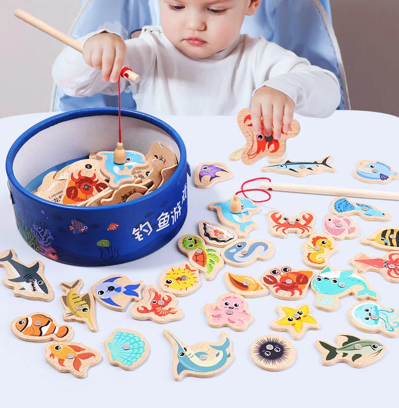 Montessori Wooden Fishing Toys For Children Cartoon Marine