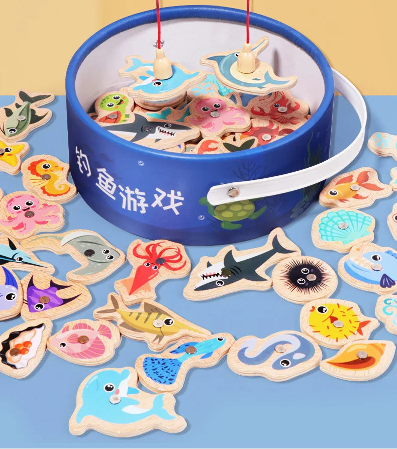 Montessori Wooden Fishing Toys For Children Cartoon Marine
