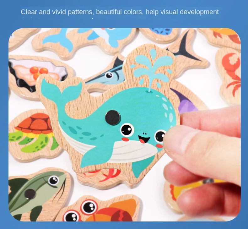 Montessori Wooden Fishing Toys For Children Cartoon Marine