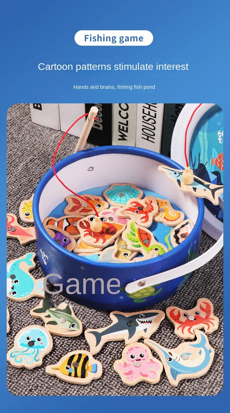 Montessori Wooden Fishing Toys For Children Cartoon Marine