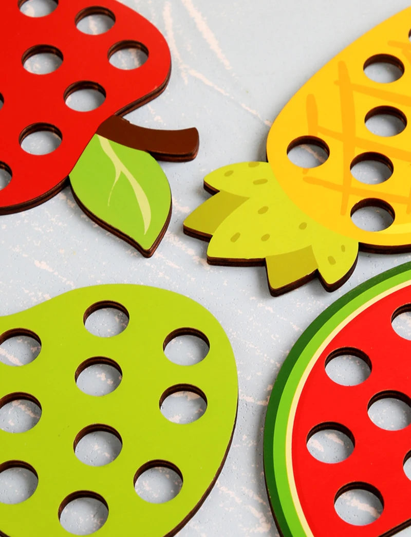 Wooden Lacing Toy Educational Fruits Threading Activity Puzzles