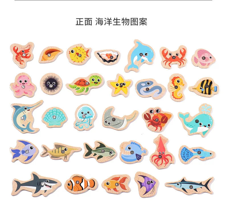 Montessori Wooden Fishing Toys For Children Cartoon Marine
