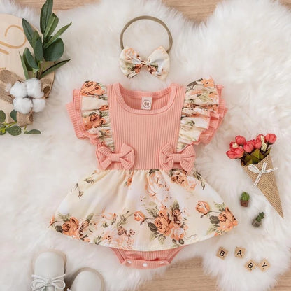 Summer Baby Girl Dress With Bowknot Striped Jumpsuit