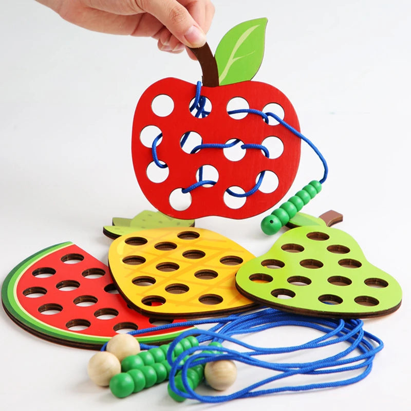 Wooden Lacing Toy Educational Fruits Threading Activity Puzzles