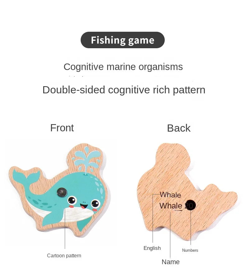 Montessori Wooden Fishing Toys For Children Cartoon Marine