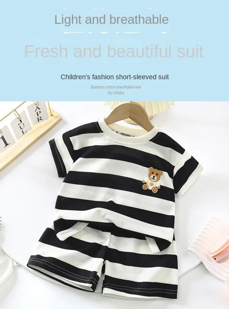 Summer Children Sets Boys Girls Short sleeved Striped