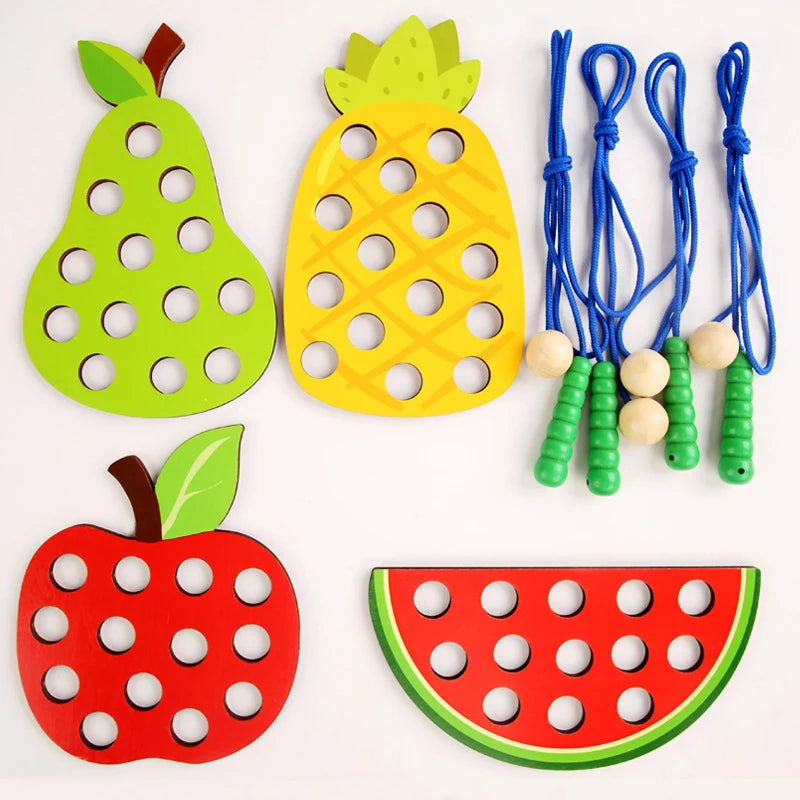 Wooden Lacing Toy Educational Fruits Threading Activity Puzzles