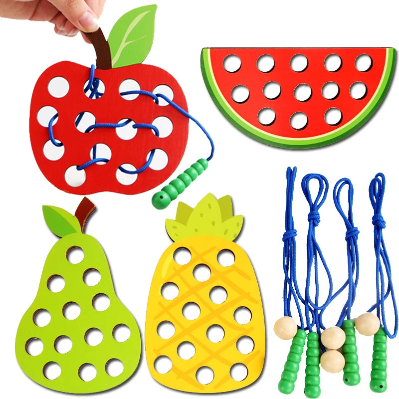 Wooden Lacing Toy Educational Fruits Threading Activity Puzzles