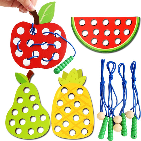 Wooden Lacing Toy Educational Fruits Threading Activity Puzzles