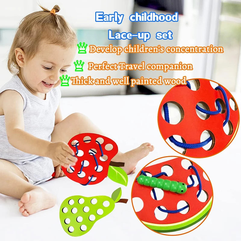 Wooden Lacing Toy Educational Fruits Threading Activity Puzzles