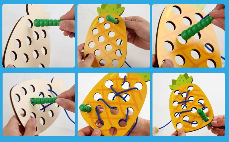 Wooden Lacing Toy Educational Fruits Threading Activity Puzzles