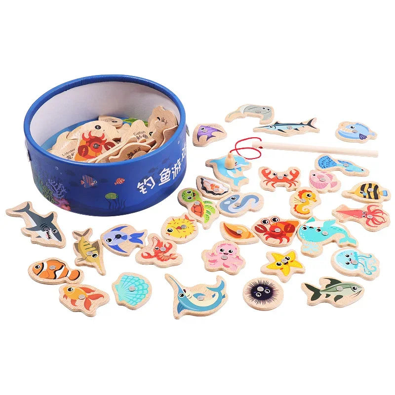 Montessori Wooden Fishing Toys For Children Cartoon Marine