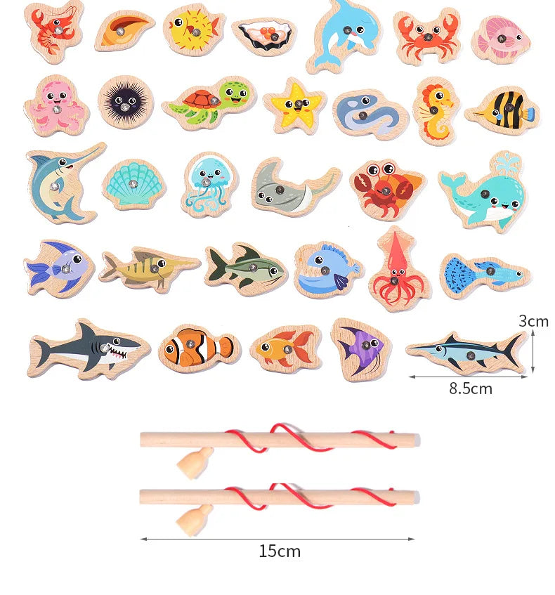 Montessori Wooden Fishing Toys For Children Cartoon Marine