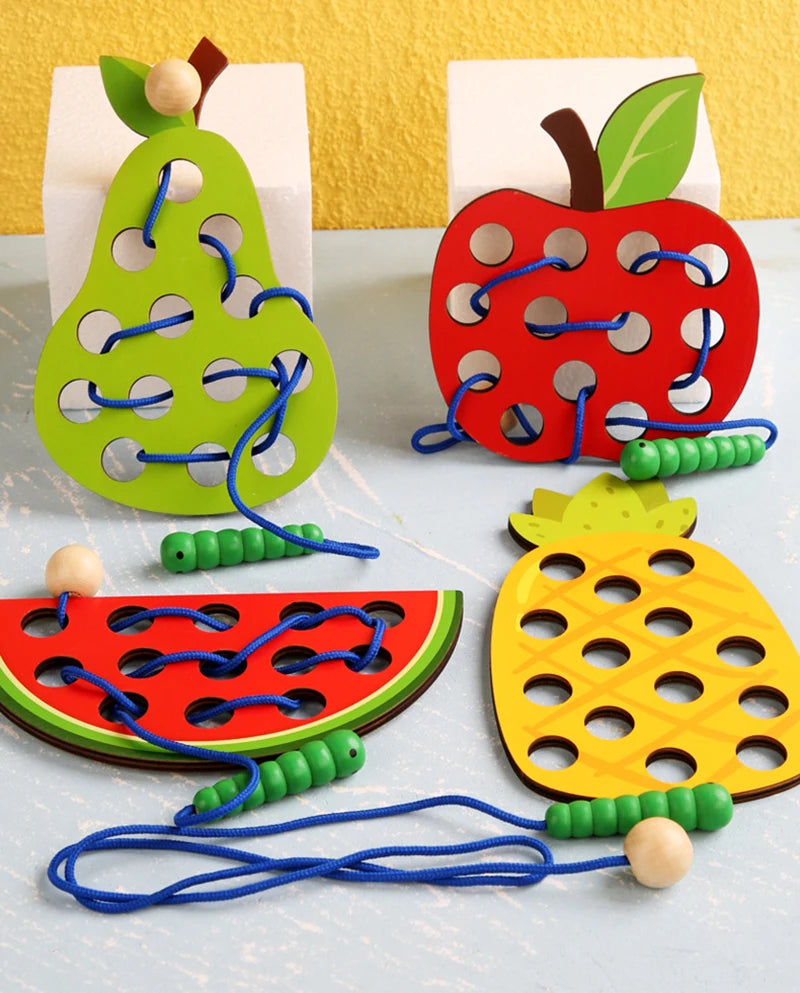 Wooden Lacing Toy Educational Fruits Threading Activity Puzzles