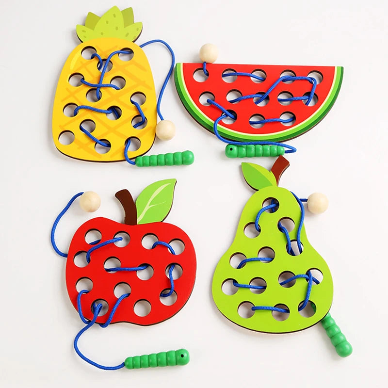 Wooden Lacing Toy Educational Fruits Threading Activity Puzzles
